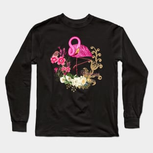 Beautiful flamingo with flowers Long Sleeve T-Shirt